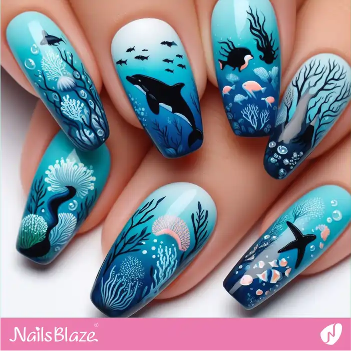 Glossy Marine Life Nails with Whales| Save the Ocean Nails - NB2761